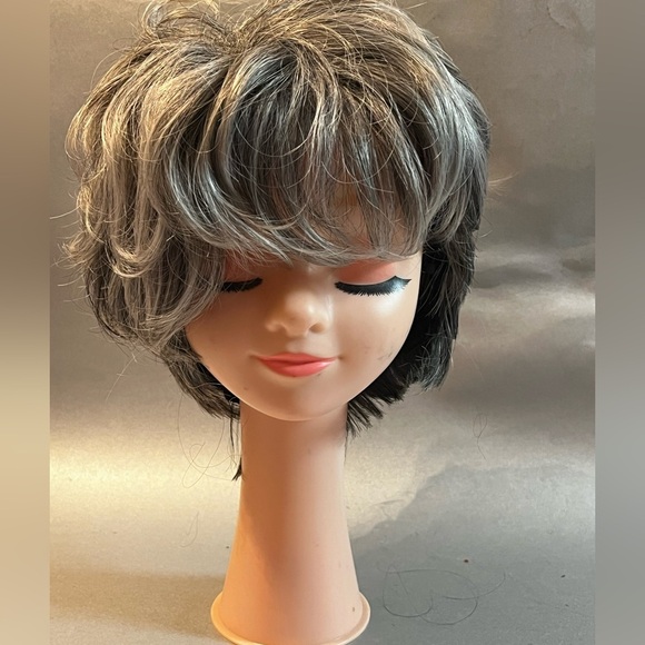 Short Wig Layered Curly Pixie Gray mixed Black color Wig - Picture 2 of 9